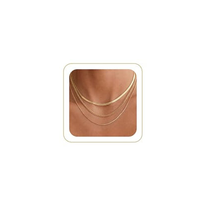 Tewiky Layered Necklaces for Women 14k Gold Plated Chain Necklace Set | Chunky Herringbone/Snake/Rope/Box/Cuban Link Chain for Women, Layering Stack Choker Necklace, Dainty Jewelry Set Non Tarnish - color: 3 Snake Cuban Box Gold