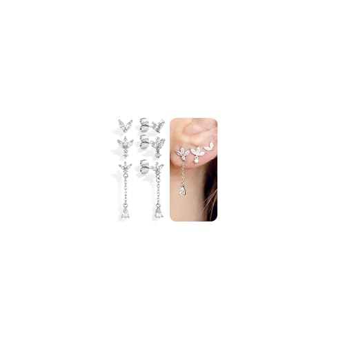 Sterling Silver Earrings Stacks for Women, Hypoallergenic Cartilage Earring | Dainty Stud Huggie Hoop Dangle Chain Earrings, 14K Gold/White Gold Plated - color: 3Pairs-Dangle CZ Set-Silver