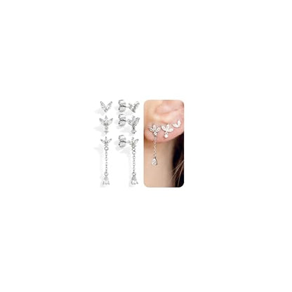 Sterling Silver Earrings Stacks for Women, Hypoallergenic Cartilage Earring | Dainty Stud Huggie Hoop Dangle Chain Earrings, 14K Gold/White Gold Plated - color: 3Pairs-Dangle CZ Set-Silver