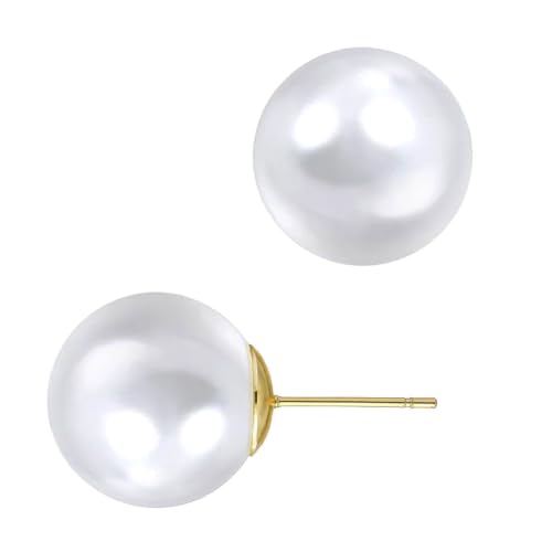 Oversized Faux Pearl Stud Earrings for Women, 14K Gold Plated Sterling Silver Hypoallergenic Large Classic Lightweight Pearl Earrings - size: White-12mm