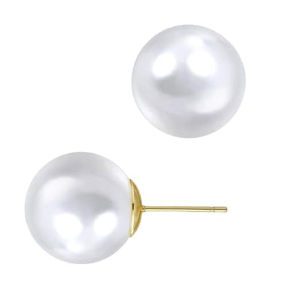 Oversized Faux Pearl Stud Earrings for Women, 14K Gold Plated Sterling Silver Hypoallergenic Large Classic Lightweight Pearl Earrings - size: White-12mm