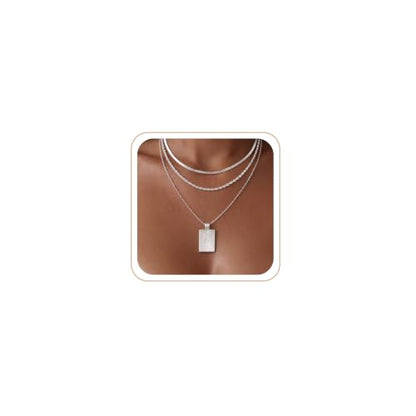 CHESKY Layered Silver Necklace for Women Trendy,Dainty Silver Plated Stackable Charm Necklace Layering Paperclip Tennis Rope Chain CZ Pendant Jewelry Set Gifts - style: Square