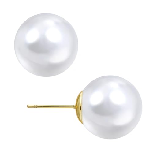 ZLP Oversize 14/12/10mm Classic Round Strong Light Simulated Shell Pearl Earrings 14K Gold Plated Sterling Silver Stud Big Pearl Earrings for Women, - color: Saltwater pearls, size: 10 MM