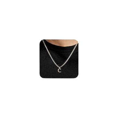 Silver Initial Necklace for Men Letter Pendant Cuban Link Chain | Stainless Steel 4mm 20 Inch Chain Non Tarnish Silver Plated A-Z Capital Name Charm Custom Personalized Jewelry Gift for Man - style: Silver:C