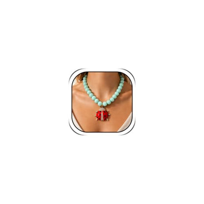 Long tiantian Large Bead Ladybug Necklace for Women Chunky Statement Necklace Red Ladybug Lucky Charm Jewelry Gift