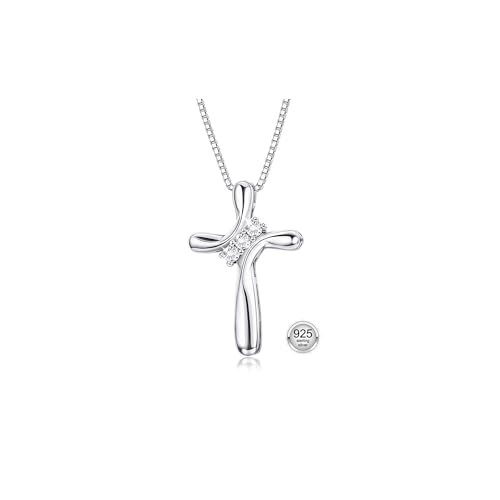 FUNRUN JEWELRY 925 Sterling Silver Cross Necklace for Women 3 Stone Cubic Zirconia Silver Cross Pendant Necklaces with 1 MM Box Chain,18 Inches