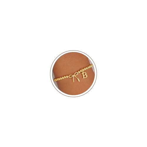 M MOOHAM Bow Initial Bracelets for Women Girls, Letter A-Z Beaded Bracelet | 14K Gold Plated, Bow Bracelets for Girls, Gold Bracelet, Beaded Initial Bracelet, Birthday Gift for Teen Girl Jewelry - color: B