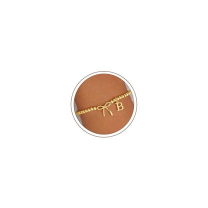 M MOOHAM Bow Initial Bracelets for Women Girls, Letter A-Z Beaded Bracelet | 14K Gold Plated, Bow Bracelets for Girls, Gold Bracelet, Beaded Initial Bracelet, Birthday Gift for Teen Girl Jewelry - color: B