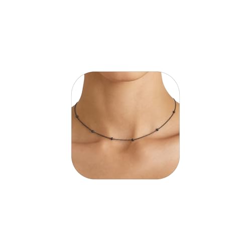 FOCALOOK Choker Necklace for Women, Double Layered Boho Beaded Choker Chain | Dainty 14K Gold Plated/Silver/Black Metal, Simple Small Satellite Beaded Chain Necklace, Hypoallergenic for Everyday Wear - color: 02.Satellite Beads-Black