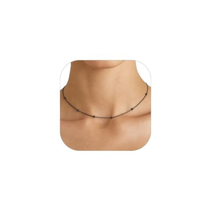 FOCALOOK Choker Necklace for Women, Double Layered Boho Beaded Choker Chain | Dainty 14K Gold Plated/Silver/Black Metal, Simple Small Satellite Beaded Chain Necklace, Hypoallergenic for Everyday Wear - color: 02.Satellite Beads-Black
