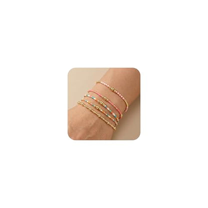14K Gold Plated Beaded Bracelets Stack Set for Women,Stretch Boho Ball Jewelry Friendship Trendy - color: Gold pink