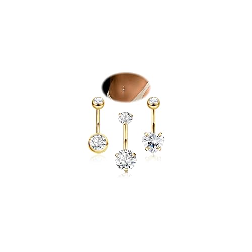REVOLIA 3Pcs 14G F136 Titanium Belly Button Rings for Women Hypoallergenic Cubic Zirconia Navel Rings Heart Belly Rings Sliver Pretty Belly Piercing Barbells 6-16mm - color: gold