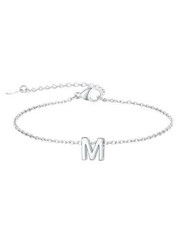FindChic Initial Bracelets for Women Waterproof Stainless Steel Chain | 14K Gold Plated /Silver Letter A-Z Adjustable Monogram Charm Bracelet Dainty Gift for Women Wife Friend with Gift Box - color: Silver, size: letter M
