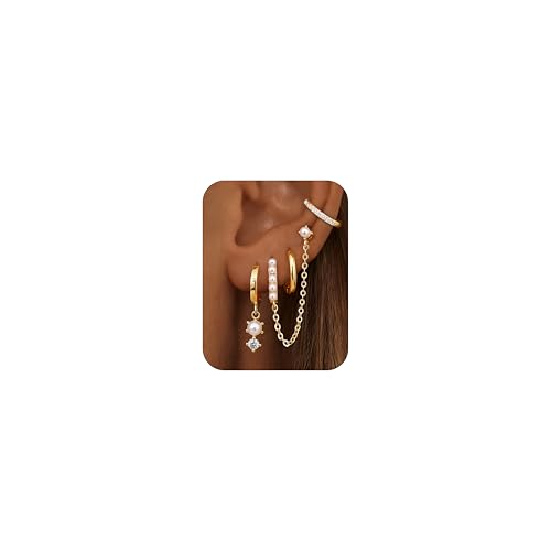 4 Pairs Small Hoop Earrings for Women 14K Gold Plated | Trendy Chain Drop Earrings Set, Hypoallergenic CZ Huggie Hoops, Lightweight Cartilage Earring Stacks - color: 14K Gold Plated-pearl hoop