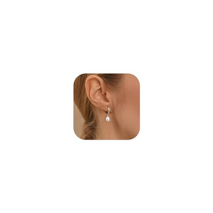 FIBO STEEL 14K Gold Plated Hoop Earrings with Charms for Women Huggie Hoops | Hypoallergenic 925 Sterling Silver Post Dangle Earrings Small Silver Gold Hoops Earring Cubic Zirconia Dangle Drop Jewelry - color: Pearl - 14K Gold Plated