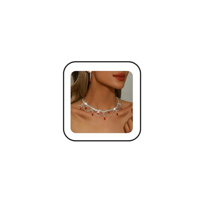 Rhinestones Necklace Earrings Set for Women Water Droplet Necklace Earrings Set Double Layer Gemstone Choker and Drop Earrings Cubic Zirconia Bridal Earrings Necklace Set Crystal Wedding Jewelry Sets - color: red