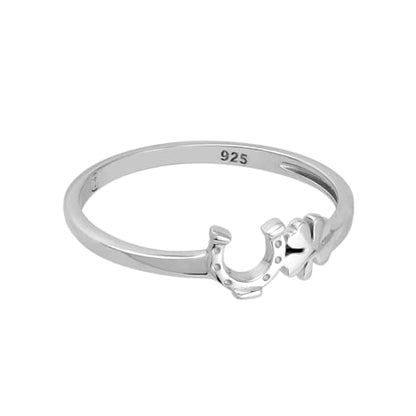 Silvershake Petite White Gold Plated 925 Sterling Silver Minimalist Chic Horseshoe and Four-Leaf Clover Lucky Casual Stackable Ring Jewelry for Women