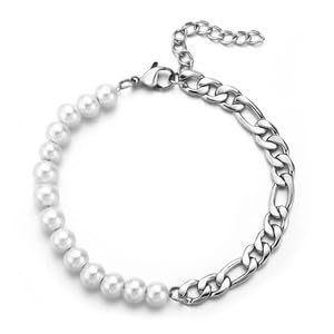 Pearl Spliced Stainless Steel Figaro Chain Bracelet, Hip Hop Style, Adjustable, for Women - color: stainless Steel