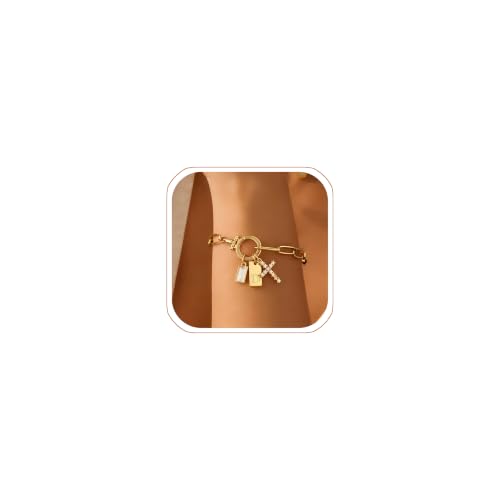 Initial Cross Charm Bracelet, 18K Gold Plated Dainty Paperclip Link Chain Bracelets for Women, Non Tarnish, A-Z Letter Bracelet Personalized Gifts Gold Jewelry for Women - color: Letter-D