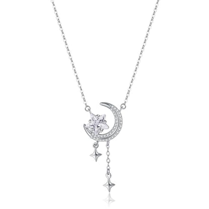 Reffeer Solid 925 Sterling Silver Moon Star Necklace for Women Teen Girls CZ Moon Choker Necklace Dainty Star Pendant Necklace - color: A-Silver