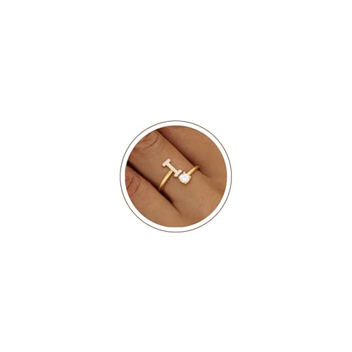 KOHOTA Gold Silver Initial Rings for Women Non Tarnish Adjustable Ring | 14K Gold Plated Stackable Ring for Women Trendy, Letter CZ Thumb Pinky Ring, Dainty Open Birthday Jewelry Gifts - color: GOLD-I