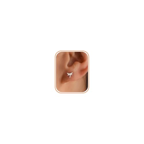 Flat Back Earrings for Women Cartilage Helix | Comfortable Dainty Cute Dragon Bee Bird Phoenix Dragonfly Cute Animal Leaf Spiral Rhombus Design Flatback Stud Earrings - color: Silver Dragonfly