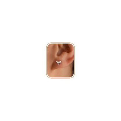 Flat Back Earrings for Women Cartilage Helix | Comfortable Dainty Cute Dragon Bee Bird Phoenix Dragonfly Cute Animal Leaf Spiral Rhombus Design Flatback Stud Earrings - color: Silver Dragonfly