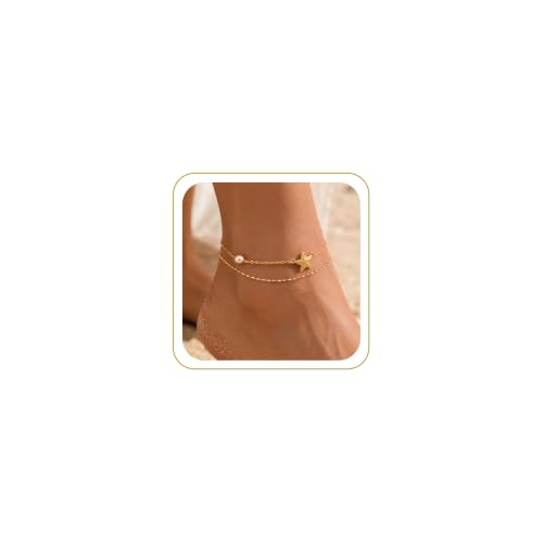 Robaice Anklets for Women, 14K Gold Plated Layered Ankle Bracelets | Waterproof Figaro Link Pearl Anklet, Ankle Bracelets for Women Stackable, Summer Beach Jewelry Gifts Non Tarnish - style: Gold Starfish Anklet