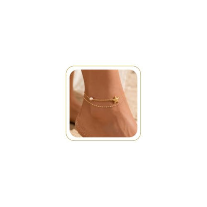 Robaice Anklets for Women, 14K Gold Plated Layered Ankle Bracelets | Waterproof Figaro Link Pearl Anklet, Ankle Bracelets for Women Stackable, Summer Beach Jewelry Gifts Non Tarnish - style: Gold Starfish Anklet