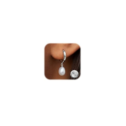 FIBO STEEL 14K Gold Plated Hoop Earrings with Charms for Women Huggie Hoops | Hypoallergenic 925 Sterling Silver Post Dangle Earrings Small Silver Gold Hoops Earring Cubic Zirconia Dangle Drop Jewelry - color: Pearl - Silver Plated