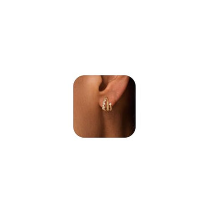 Gold Earrings for Women, Dainty Triple Huggie Earrings 14K Gold Plated Small Hoop Earrings for Women Trendy Cute Hypoallergenic Stud Earrings Unique Double Hoops Waterproof Womens Jewelry Gifts - color: gold plated-D