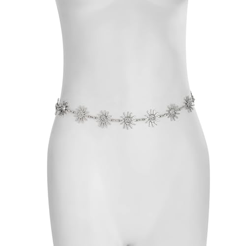 Metal Sunflower Waist Chain Belt Bikini Sun Waist Chains Jewelry Summer Beach Waist Belly Chain Adjustable Body Link Belt for Women - color: Silver