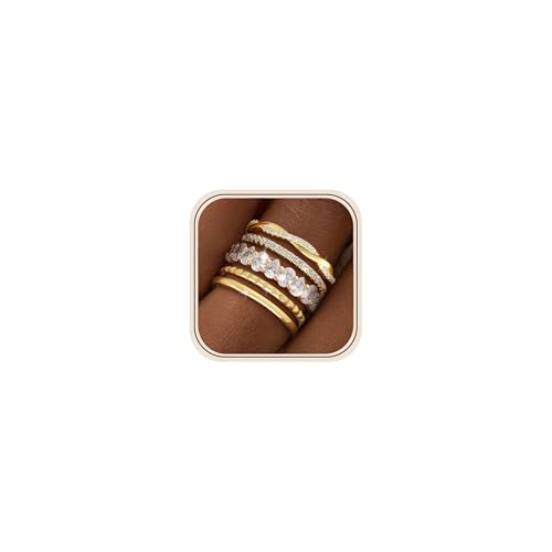 Stackable Gold Silver Rings for Women Non Tarnish Dainty 14K Gold/Silver Plated Stacking Thumb Ring Set Cubic Zirconia Eternity Wedding Bands Engagement Rings for Women Gold Jewelry Size 6-11 - color: Gold 5PCS Engagement Rings