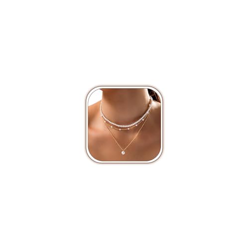 Zeffy Gold Pearl Necklace for Women, Dainty 14K Gold/Silve Plated Layered Pearl Choker Pearl Earrings Pearl Bracelets Wedding Trendy Gold Jewelry Set for Women Gifts - style: Gold Pearl Necklace-3PCS