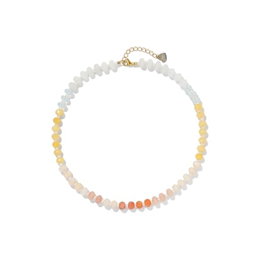 Joya Love Colorful Gemstone Beaded Necklaces For Women Trendy Rainbow Natural Stone Boho Handmade Stainless Steel Waterproof Strand Necklaces Jewelry For Women Gift - color: White Yellow