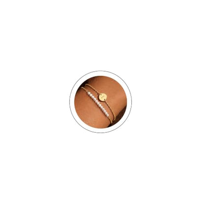 Ritach Gold Initial Bracelets for Women Girls, Freshwater Pearl Bracelet | 14K Gold Plated,Layered Disc Initial Bracelet Stackable Pearl Bracelets for Women Girls,Pearl Jewelry,Birthday Wedding Gifts - color: I