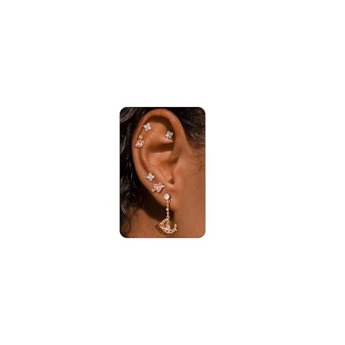 Sterling Silver Earrings Stacks for Women, Hypoallergenic Cartilage Earring | Dainty Stud Huggie Hoop Dangle Chain Earrings, 14K Gold/White Gold Plated - color: 6Pcs Clear CZ Universe(Single Earring Not a Pair)