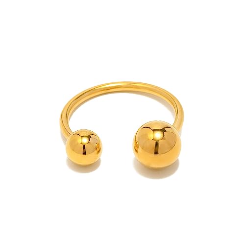 NewZenro 18K Real Gold Plated Ball Statement Open Ring Dainty Minimalist Stainless Steel Double Balls Promise Adjustable Finger Band Engagement Rings for Women Her Girlfriend Jewelry Gifts