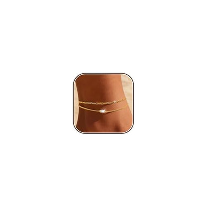 Sterling Silver Ankle Bracelets for Women 14K Gold Waterproof Layered Braided Chain Knot Charm Stackable Adjustable Non Tarnish Anklets Bracelet for Summer Beach Jewelry Gift - color: goldB