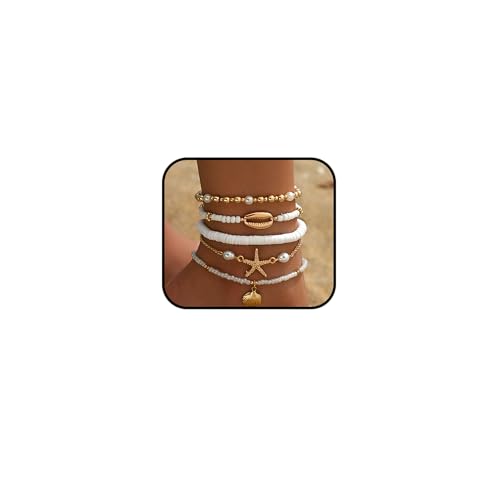 3PCS Boho Anklets for Women Summer Beach Women's Ankle Bracelets Beaded Anklet Bracelet Waterproof Beach Anklets Shell Starfish Anklet Foot Chain Jewelry for Women - color: 5PCS/styleA