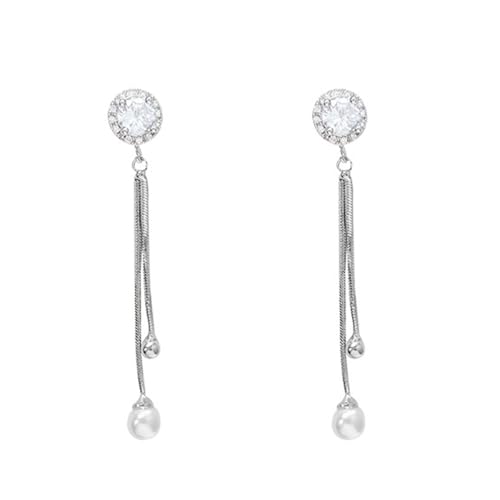 Long Tassel Pearl Drop Earrings, Silver-Tone CZ Crystal Earrings with Faux Pearl for Women, Elegant Korean Style