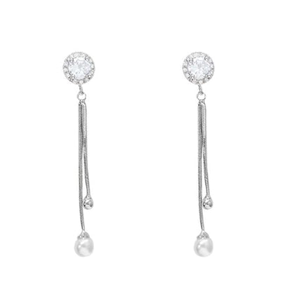 Long Tassel Pearl Drop Earrings, Silver-Tone CZ Crystal Earrings with Faux Pearl for Women, Elegant Korean Style