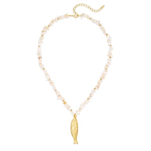 YUJIE Dainty Fish Pendant Necklace for Women 14k Gold Plated Ocean Fish Charm Necklace Summer - color: seashell beaded fish