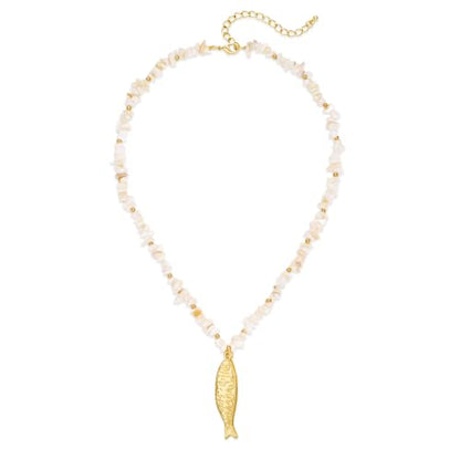 YUJIE Dainty Fish Pendant Necklace for Women 14k Gold Plated Ocean Fish Charm Necklace Summer - color: seashell beaded fish