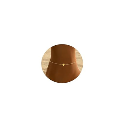 NONAMOIS Ankle Bracelets for Women Dainty 18K Gold Plated Anklet Waterproof Round Beaded Paperclip Herringbone Pearl Chain Anklets Waterproof Beach Foot Jewelry - color: Tiny Cross-Gold