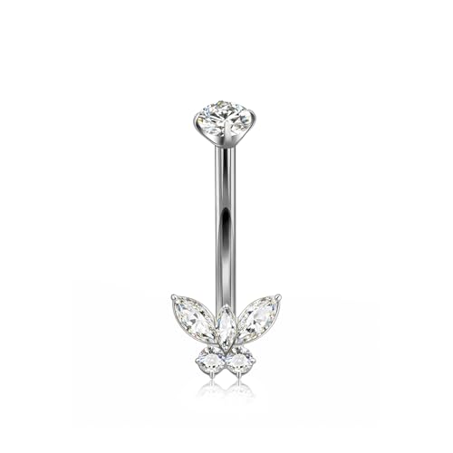 XUU Titanium Belly Button Rings 14G, Implant-Grade Navel Piercing, Luxury CZ Shape with Flower Butterfly, Hypoallergenic Curved Barbell Jewelry for Women, Gold or Silver - style: Butterfly-Silver