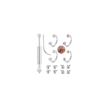 316L Stainless Steel Horseshoe Nose Rings for Women 16/18/20G Septum Rings | Septum Nose Piercing with Replacement Tops and Piercing Tool for Helix Tragus Cartilage Lip Jewelry 14K Gold Plated/Silver - color: Steel 2-20G