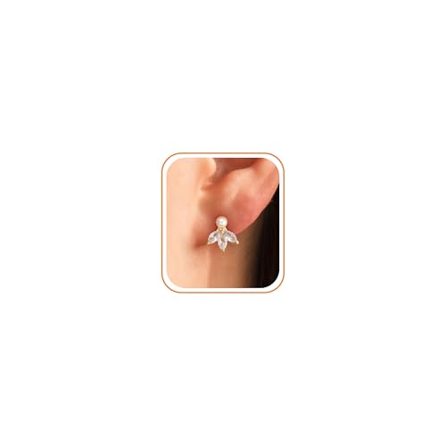 Pearl Earrings - 14k Gold or White Gold Plated Sparkle Cubic Zirconia Dainty Pearl Stud Earrings for Women Wedding Party Bridal - color: gold leaf