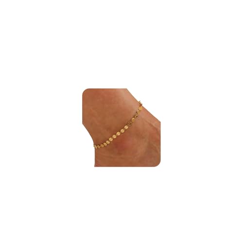 Dainty Ankle Bracelets for Women 18K Gold Plated Waterproof | Satellite Beaded Herringbone Lip Chain Anklets Simple Minimalist Summer Beach Foot Jewelry, Gift Box Included - color: Coin-Gold