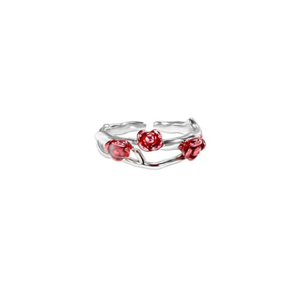 Copper Alloy White Gold Plated Red Rose Shaped Resin Art Gem Ring Set Open Adjustable Stackable Romantic Unique Design Multi-Finger Rings for Women with Premium Gift Box - color: A